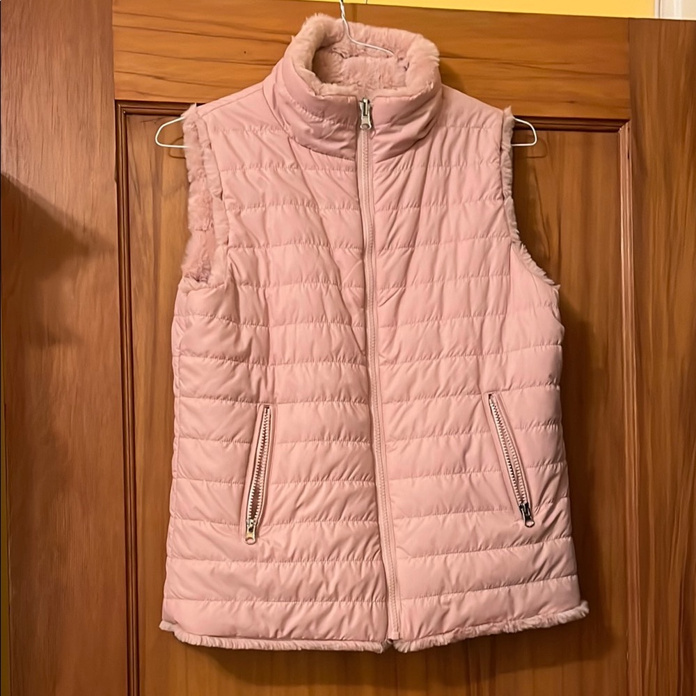 Pink Quilted Vest with Zipper Pockets, Reversible, Size Small